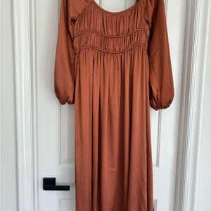 Lush Rust Midi Dress with Puff Sleeves
